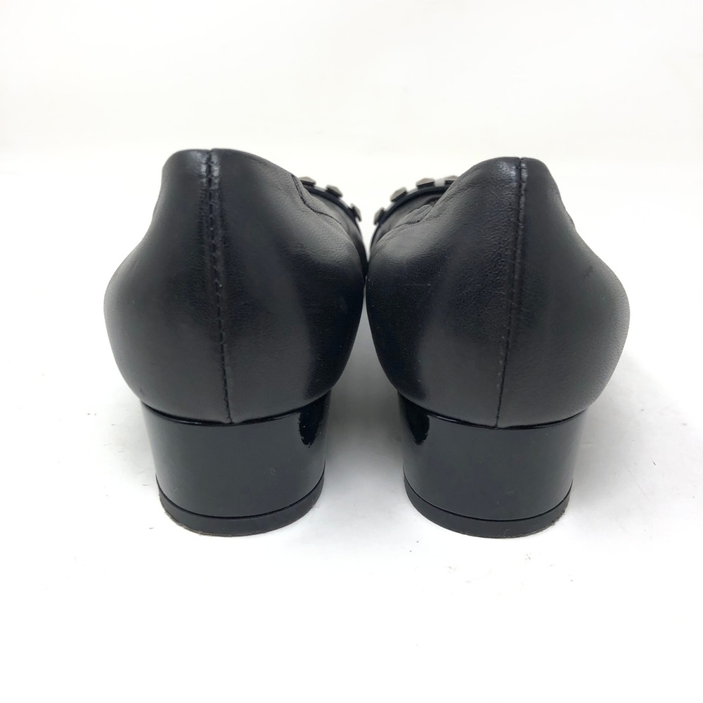 AGL Womens 38 Pumps Black Leather Patent Cap Toe Studded Point Toe Heel - Picture 5 of 9